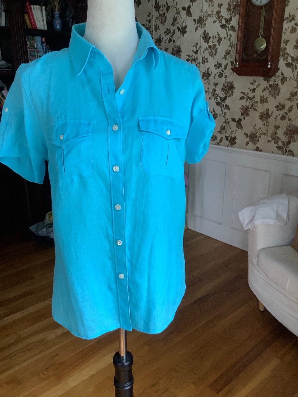 LL Bean Linen Short Roll Up Sleeve Button Down Shirt Blue Size S